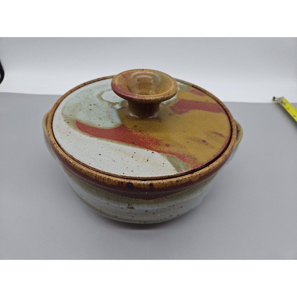 Stoneware Pottery‎ Handmade Dish w/ Lid Multicolor Drip Glaze Not Signed